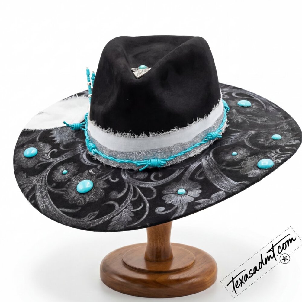 Midnight Turquoise Bloom – Custom Engraved Western Hat Highline Americana Hat